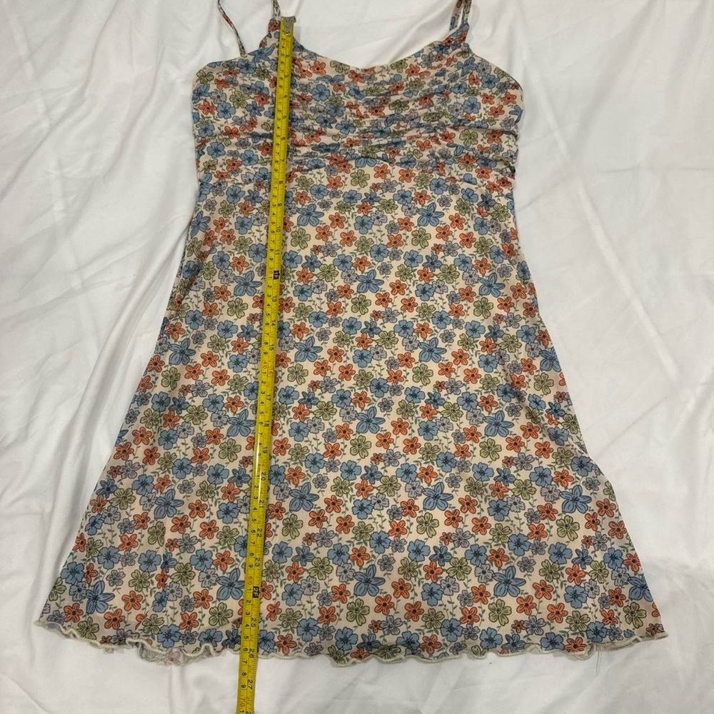 Originality Floral Mesh Mini Dress Ruched Bust Y2K Boho Lettuce Trim Size Small